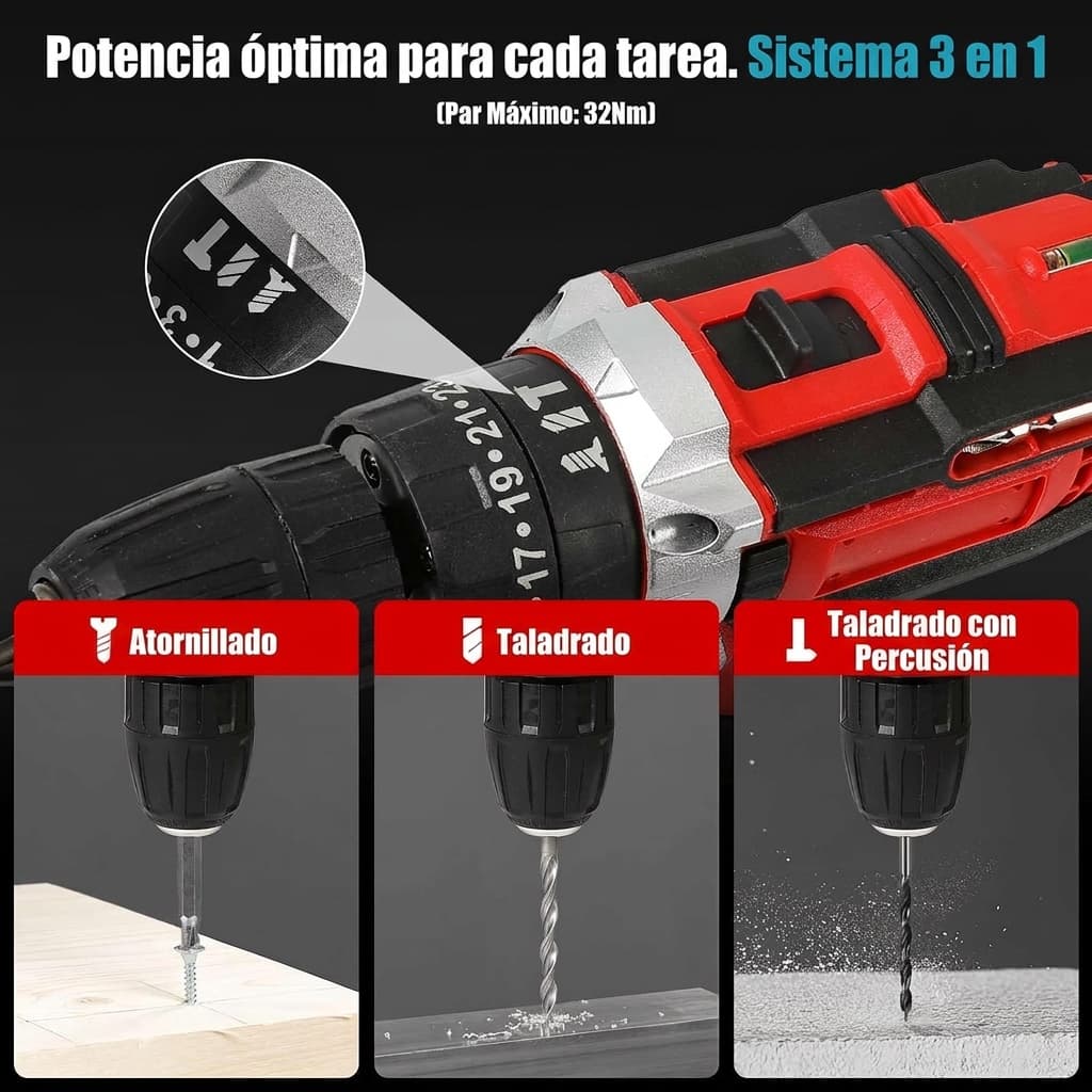 Selector de modos de un taladro: atornillar, taladrar y taladrar con percusión